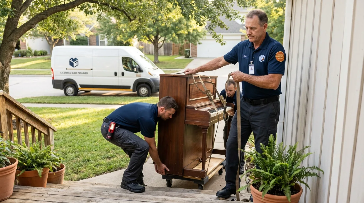 Licensed piano movers securing grand piano in New Eagle, PA